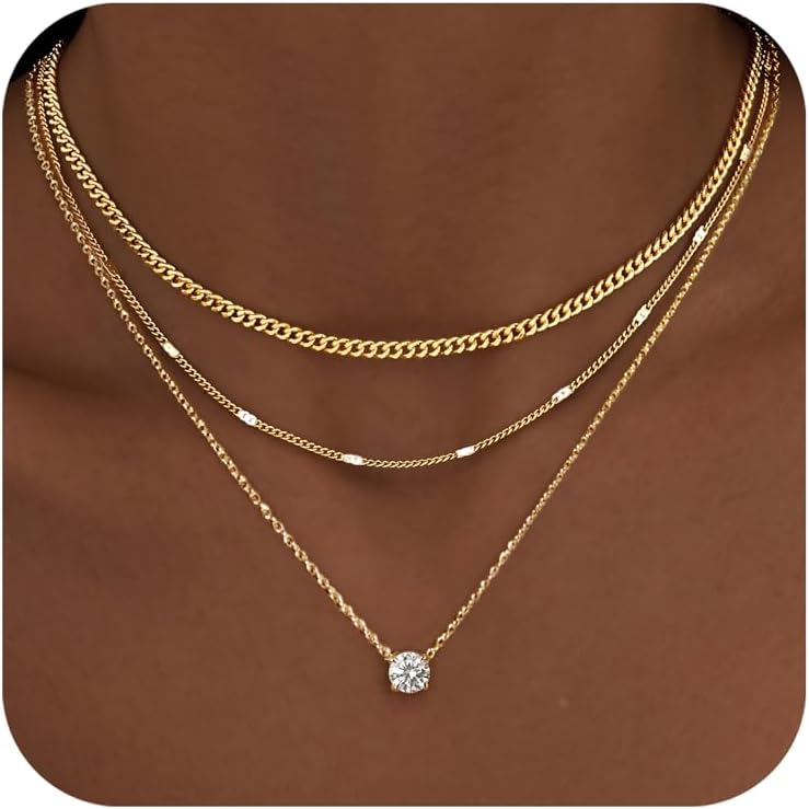 WomenGifts Layered Gold Necklaces for Women, 14K Gold Sterling Silver 