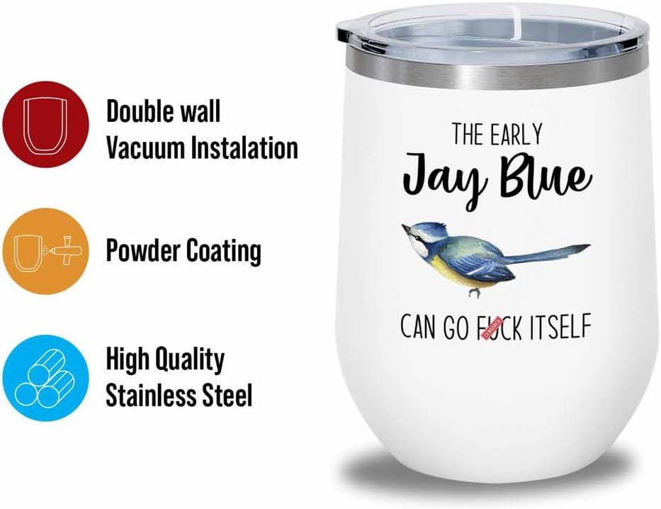 Bird Lover White Edition Wine Tumbler 12oz - Early jay blue go - Hummi
