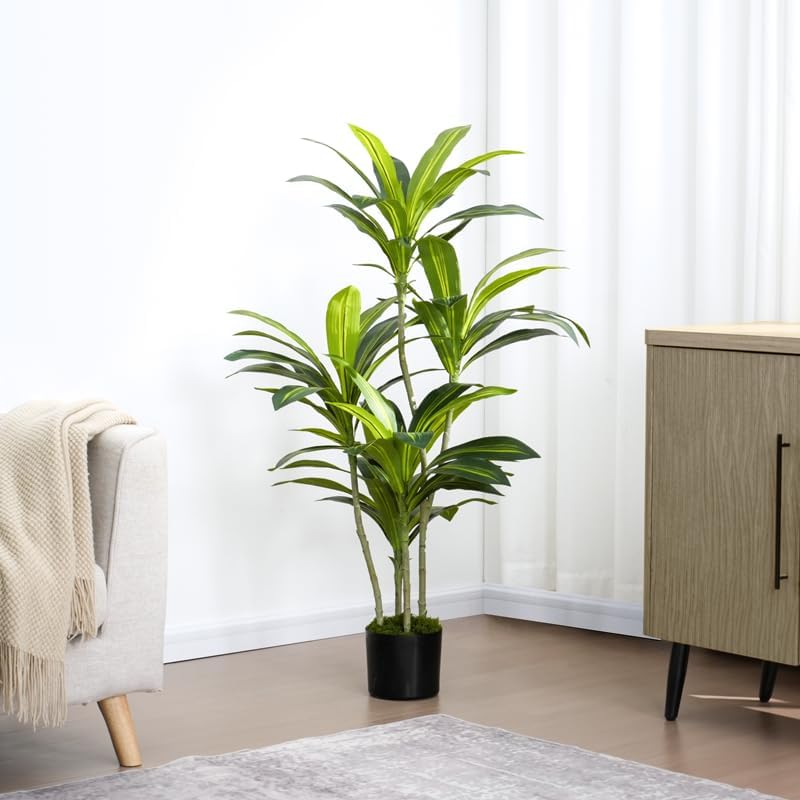 4’ (120 cm) Dracaena Artificial Tree with Small Black Pot & Moss – Lifelike Natural Look, Maintenance-Free, Indoor & Outdoor Plant for Home, Office, Balcony & Patio