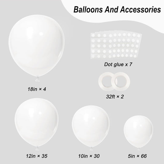 RUBFAC 135pcs White Balloons Different Sizes 18 12 10 5 Inch for Garland Arch, Latex Balloon for Wedding Birthday Party Baby Shower Anniversary Baptism Decorations