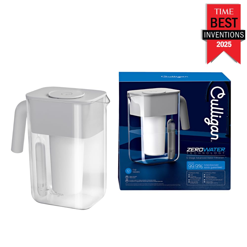 Culligan with ZeroWater Technology 12-Cup Water Filter Pitcher – Includes 5-Stage Advanced Water Filter, IAPMO Certified to Reduce Lead, Total PFAS (Forever Chemicals), Mercury, Fluoride, and Chlorine