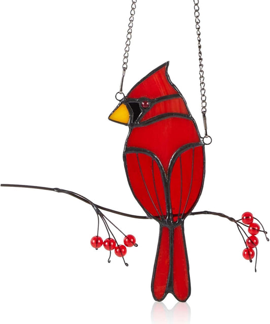 Soaoo Cardinal Gifts Red Cardinal Stained Glass Bird Suncatcher for Women Stained Glass Window Hanging Ornament Suncatcher Handmade Bird Decor Memorial Gift for Mom Grandma Nana(Sitting)