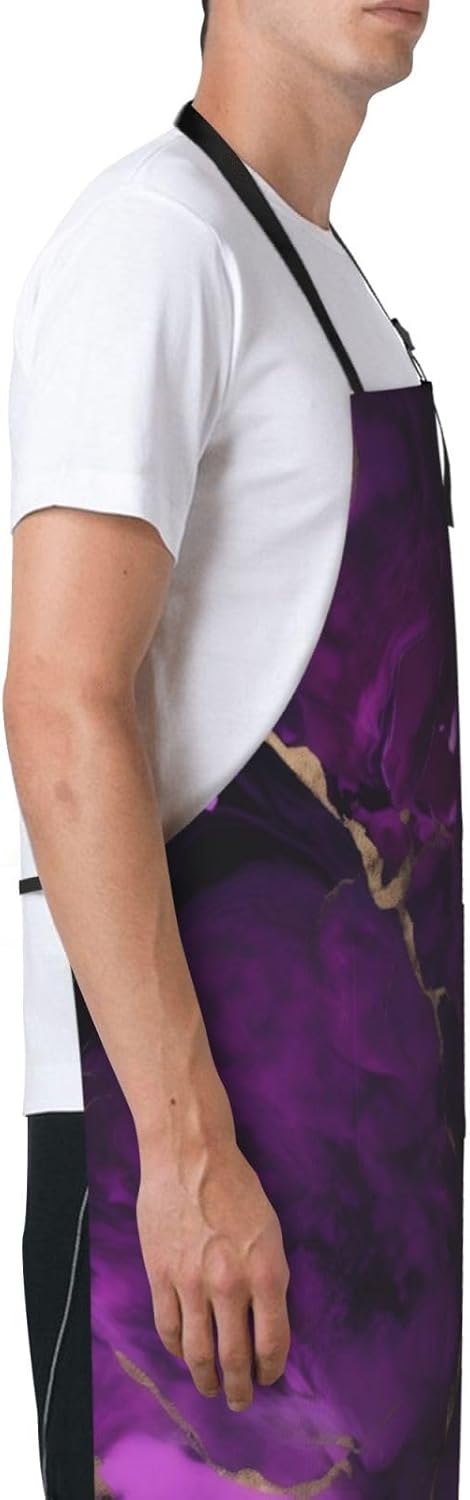 Dark purple texture marble print Waterproof chef's apron with pocket apron for kitchen cooking baking barbecue and gardening