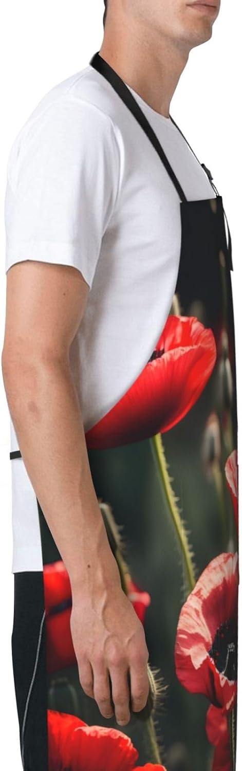 Beautiful Red Poppy Flower Print Laundry apron 28x33 In Waterproof Kitchen Apron with Pockets for Cooking Baking