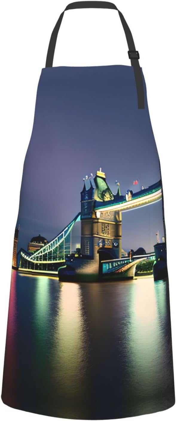 Night London Tower Bridge print Waterproof chef's apron with pocket apron for kitchen cooking baking barbecue and gardening