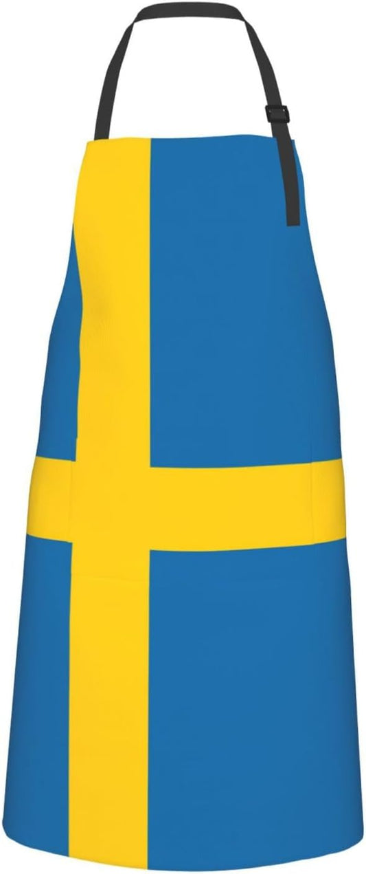 Swedish flag print Waterproof chef's apron with pocket apron for kitchen cooking baking barbecue and gardening