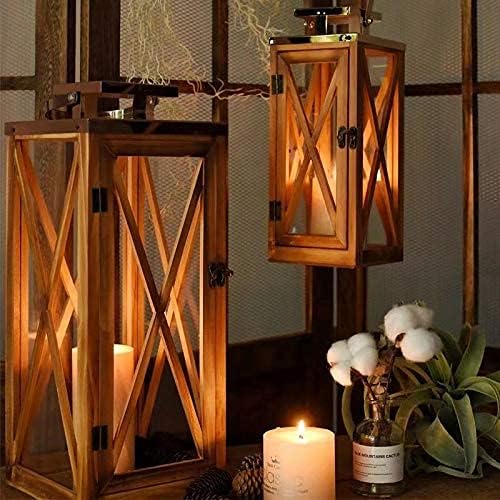 Wooden Candle Lantern Decorative Set of 2, Patio Decor with Stainless 