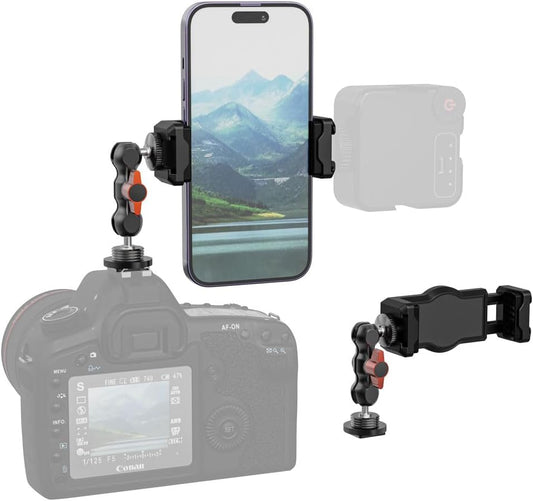SOH Hot/Cold Shoe Phone Mount Holder, Universal 2 Ball Head Smartphone Mount Adapter, Cold Shoe Phone Clip Mount for iPhone 17/16/15, DSLR Camera LCD Camera Cage Flash LED Light Microphone and More