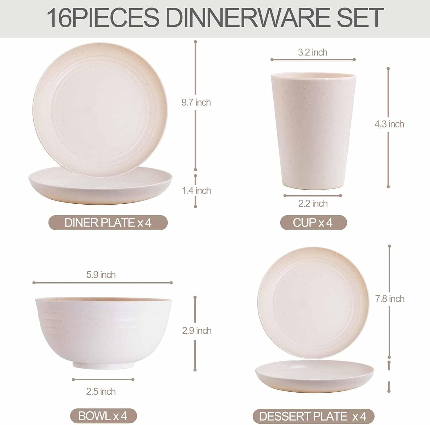 Rubtlamp Wheat Straw Dinnerware Sets, 16PCS Plastic Dinnerware Set for