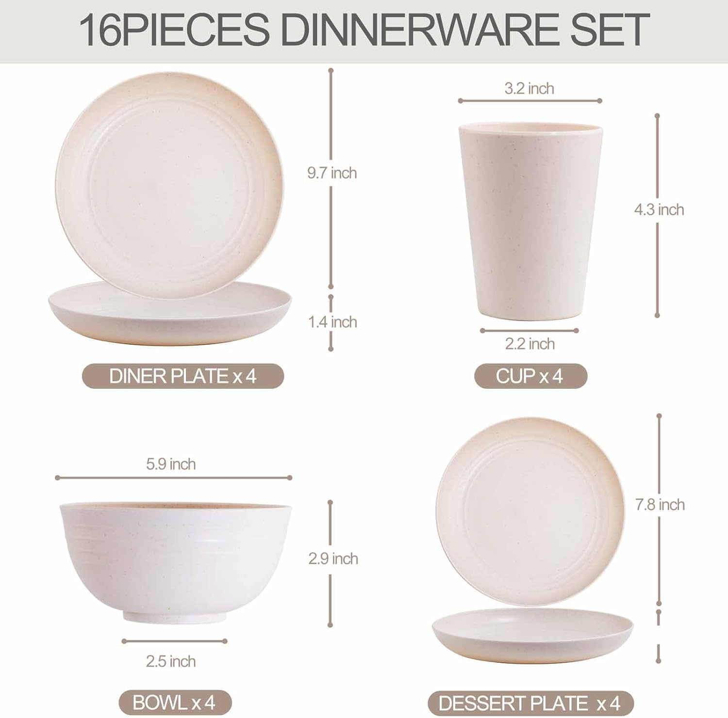 Rubtlamp Wheat Straw Dinnerware Sets, 16PCS Plastic Dinnerware Set for