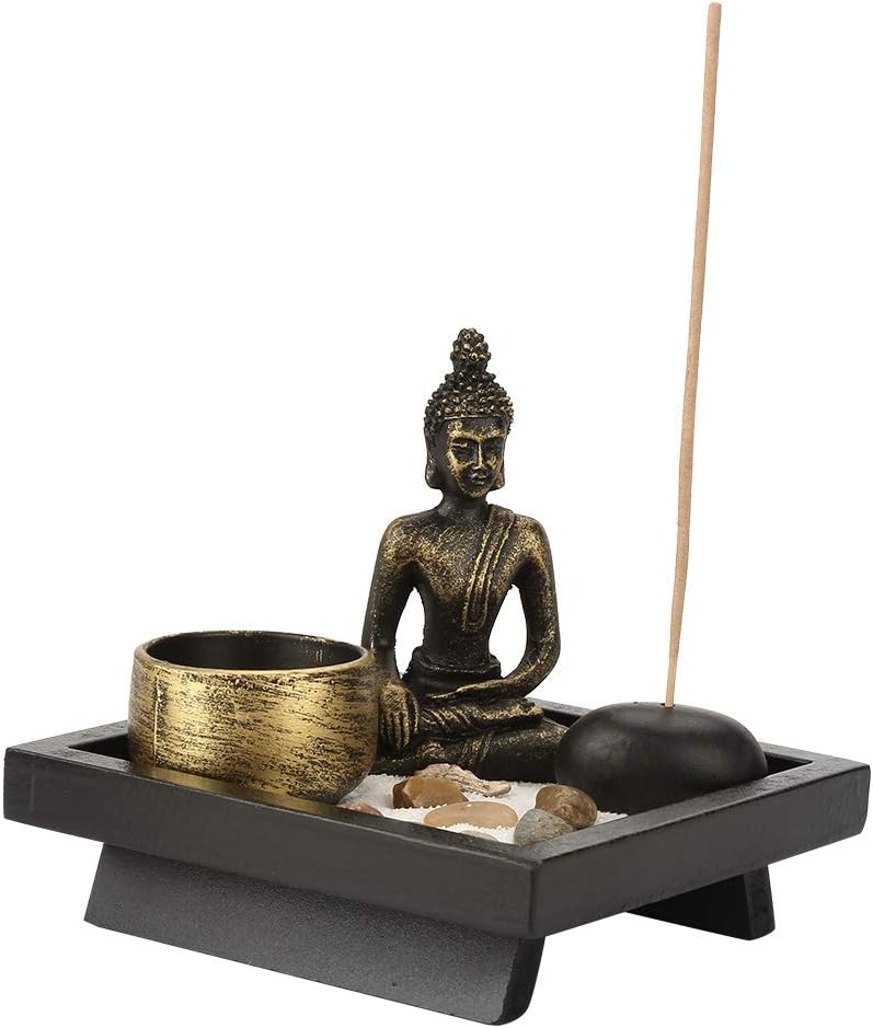 Desktop Zen Garden Kit, Mini Buddha Statue Tealight Candle Holder Ornament for Yoga Meditation Home Table Decor Gift