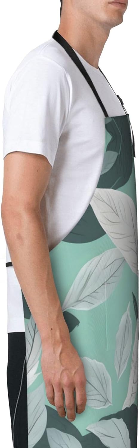 Mint Gray Leaves Print Laundry apron 28x33 In Waterproof Kitchen Apron with Pockets for Cooking Baking