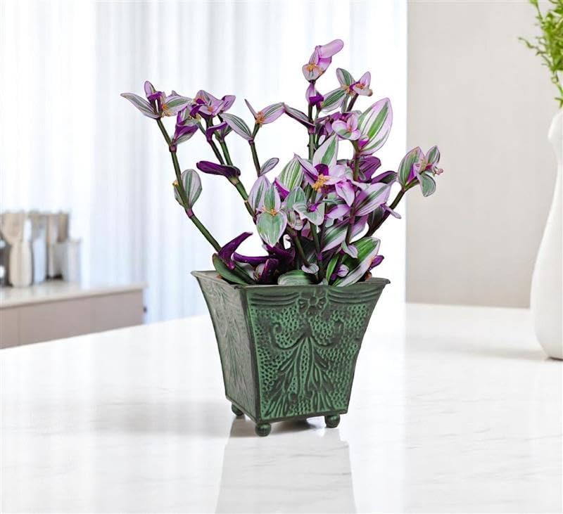 Hosley Set of 4 Green Patina Embossed Metal Planters with Ornate Flora