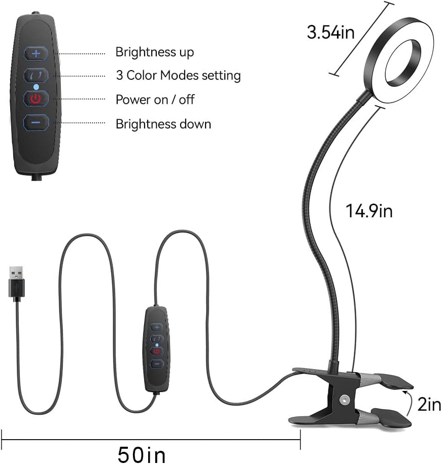 LED Desk Lamp Clip on Light with 3 Color Modes 10 Brightness Ring/Clam