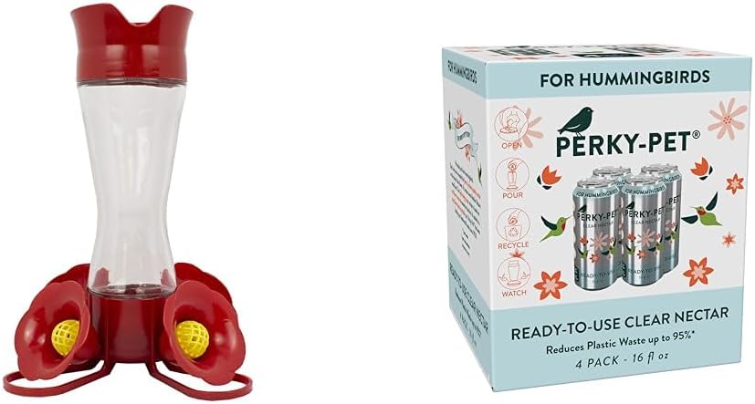 Perky-Pet 203CPBN Pinch Waist Glass Hummingbird Feeder + Perky-Pet 522 Ready-to-Use Clear Hummingbird Nectar in 4 Cans, 16 oz Each Recyclable Aluminum Can