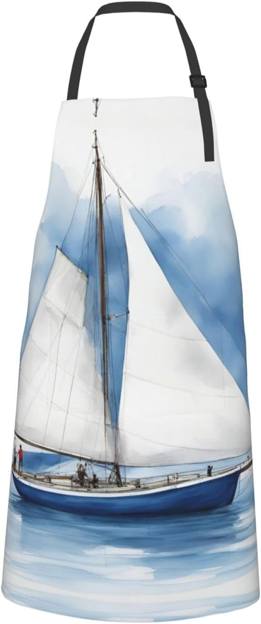 Blue Sailboat 1 print Waterproof chef's apron with pocket apron for ki