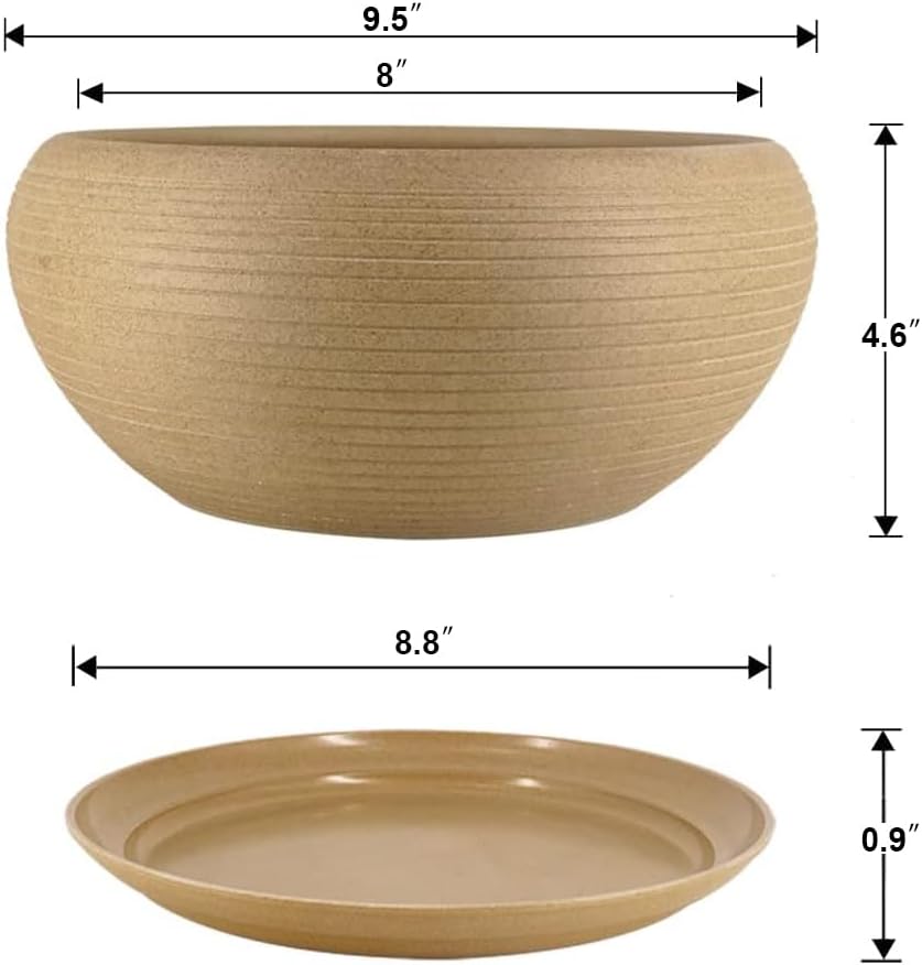 MUZHI 9.5” Round Large Ceramic Bonsai Bowl Planter，Clay Succulent Plant Pot Container with Saucer