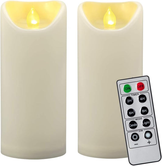 CANDLE IDEA 2 PCS 3"x7" Outdoor Waterproof Flameless LED Pillar Candles with Remote Timer, Battery Operated Electric Flickering Plastic Fake Candle for Halloween Christmas Lantern Decorations (Ivory)