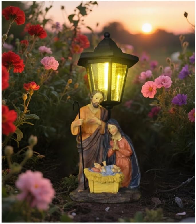 Solar Operated Light Nativity Scene Resins Religious Garden Lawn Ornament Decors