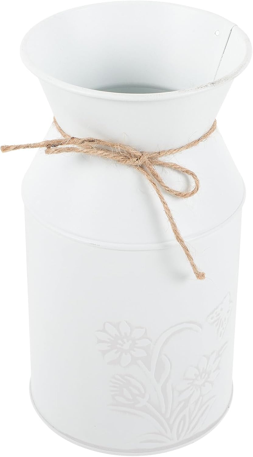 Vintage Rustic Iron Plant Pot Milk Jug Flower Vase White Metal Planter Bucket Decorative Farmhouse Flower Container for Indoor Floral Arrangements