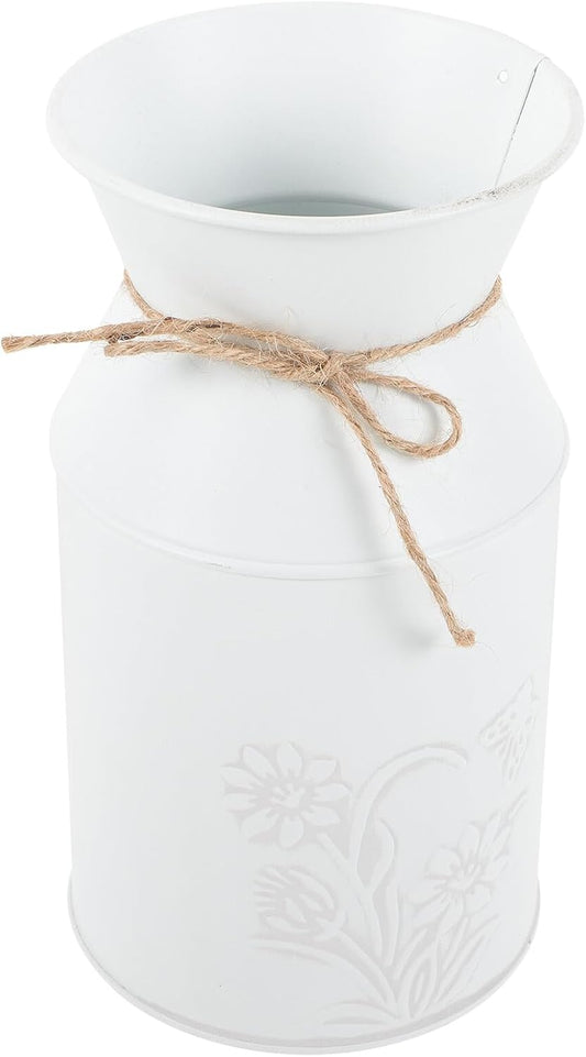 Vintage Rustic Iron Plant Pot Milk Jug Flower Vase White Metal Planter Bucket Decorative Farmhouse Flower Container for Indoor Floral Arrangements