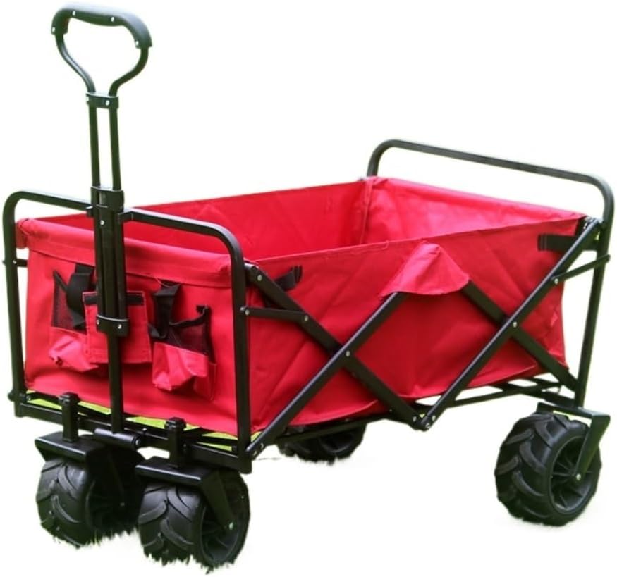 Portable Camping Cart,Foldable Beach Trolley Cart with Wide Wheels for Off Road Camping and Picnic Large Capacity Camper Van Outdoor Carts in Red