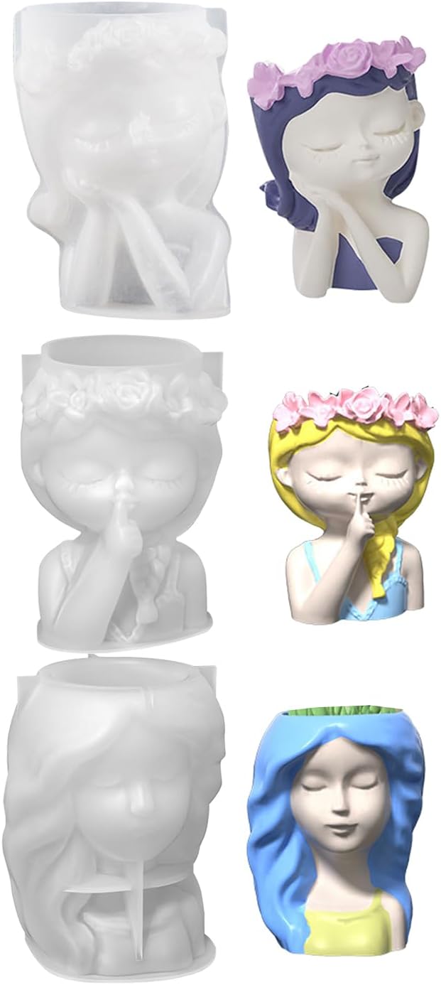 3pcs DIY Cute Girls Flower Pots Silicone Molds Pen Holder Epoxy Resin 
