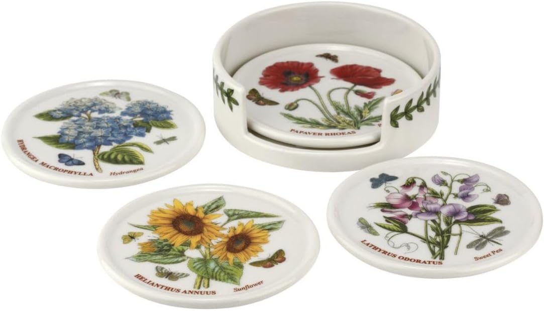 Portmeirion Botanic Garden 3.75" Ceramic Coasters with Holder- Set of 4 | Assorted Floral Motifs | Porcelain | Dishwasher Safe, Microwave Safe, Freezer Safe