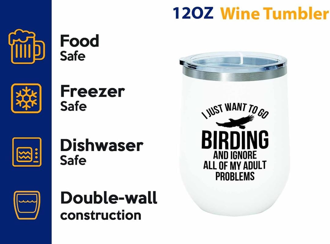 Birding White Edition Wine Tumbler 12oz - Go birding - Bird Feeder Bac