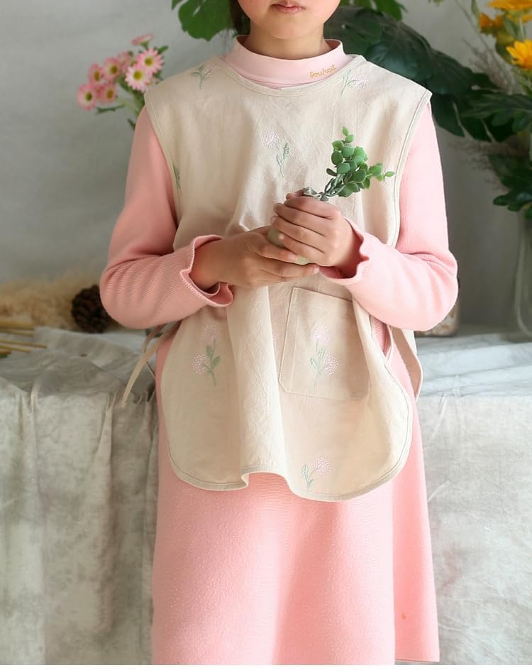 Cotton Cobbler Apron with Pocket for Parent and Child, Embroidered Flo