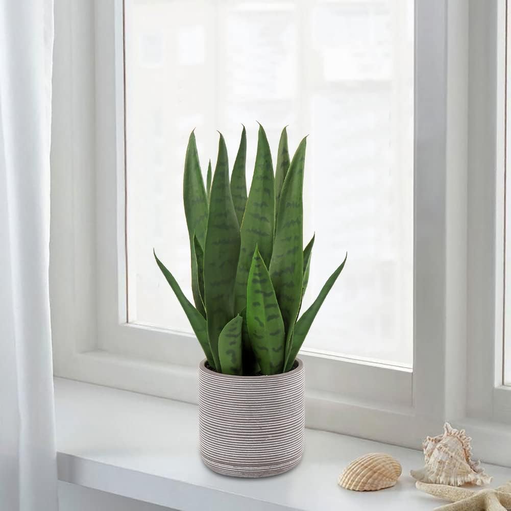 Briful Fake Snake Plant 16" Faux Potted Plant Artificial Snake Plant with Cement Pot Sansevieria Plant Perfect for House Modern Living Room Office Housewarming Gift Indoor Decor