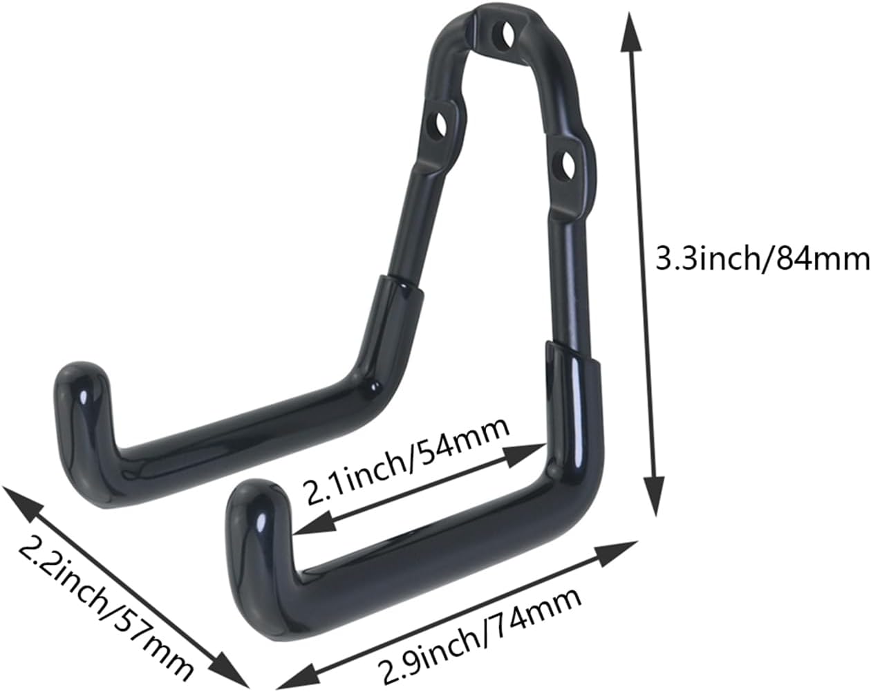 2PCS Wall Mounted Metal Double Hooks with 6 Screws Heavy Duty Storage Rack Bicycle Hook 3.3x2.9x2.2x2.1 inches for Organizing Ropes Chairs Hoses Axes Baseball Bats Garden Tools Shovels