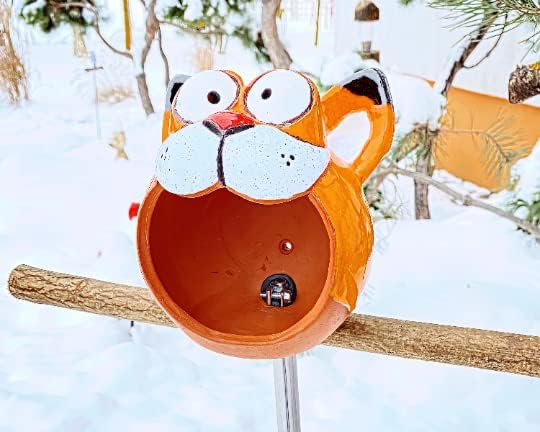 Funny Bird Feeder Cat Garden Stake Yard Art Garden Art Handmade Ceramic Garden Decor Lawn Stake Funny Cat Ceramic Bird Feeder Midene