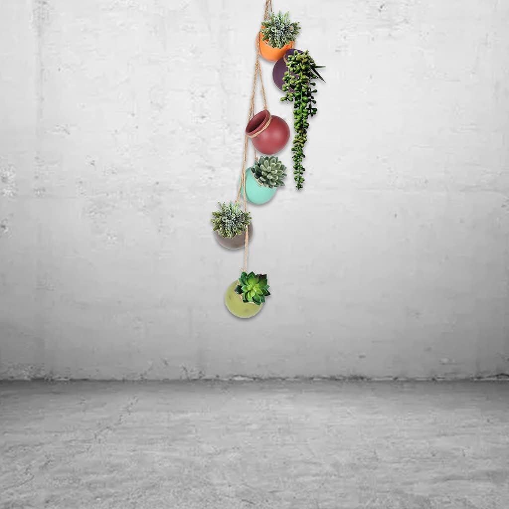 6 Pot Mixed Bright Rainbow-Color Hanging Ceramic Planter Set with Drain Hole Suitable for Succulent Flower Cactus Plant