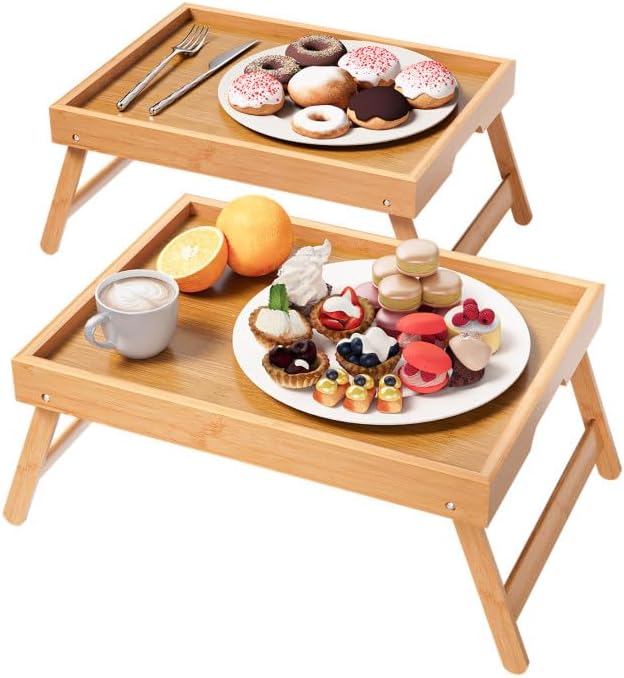 2 Pack Bamboo Bed Tray Table with Folding Legs,Breakfast Trays,Serving