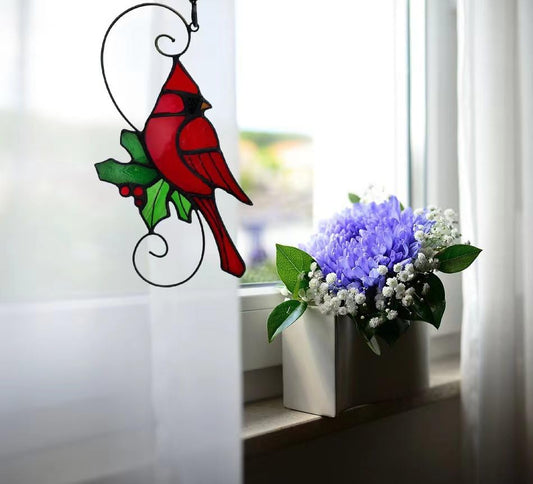 Red Cardinal Stained Glass Bird Suncatcher for Mom, Grandma, Women - R