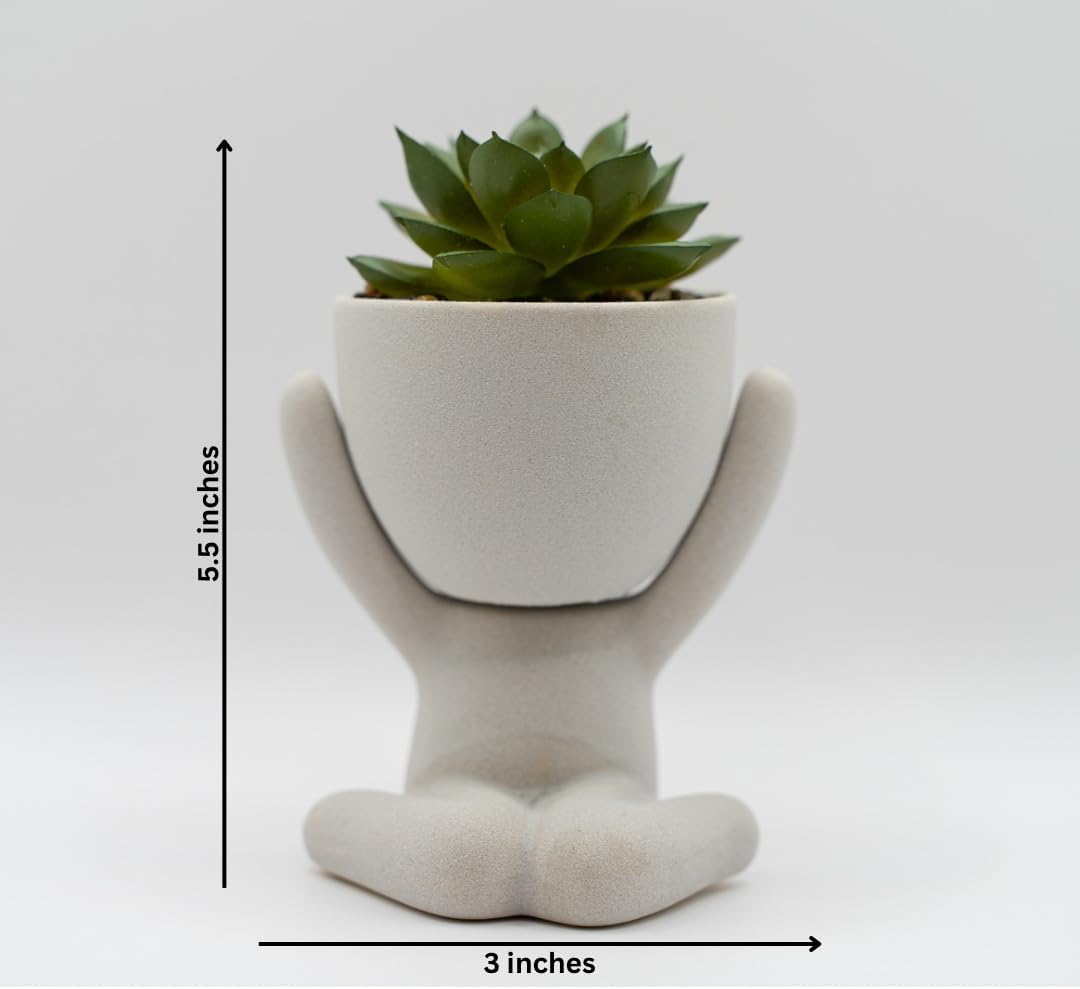 4 PCS Mini Ceramic Human Shaped Potted Artificial Succulent Plants Matte Gray for Home Office Desk Farmhouse Room Decor.
