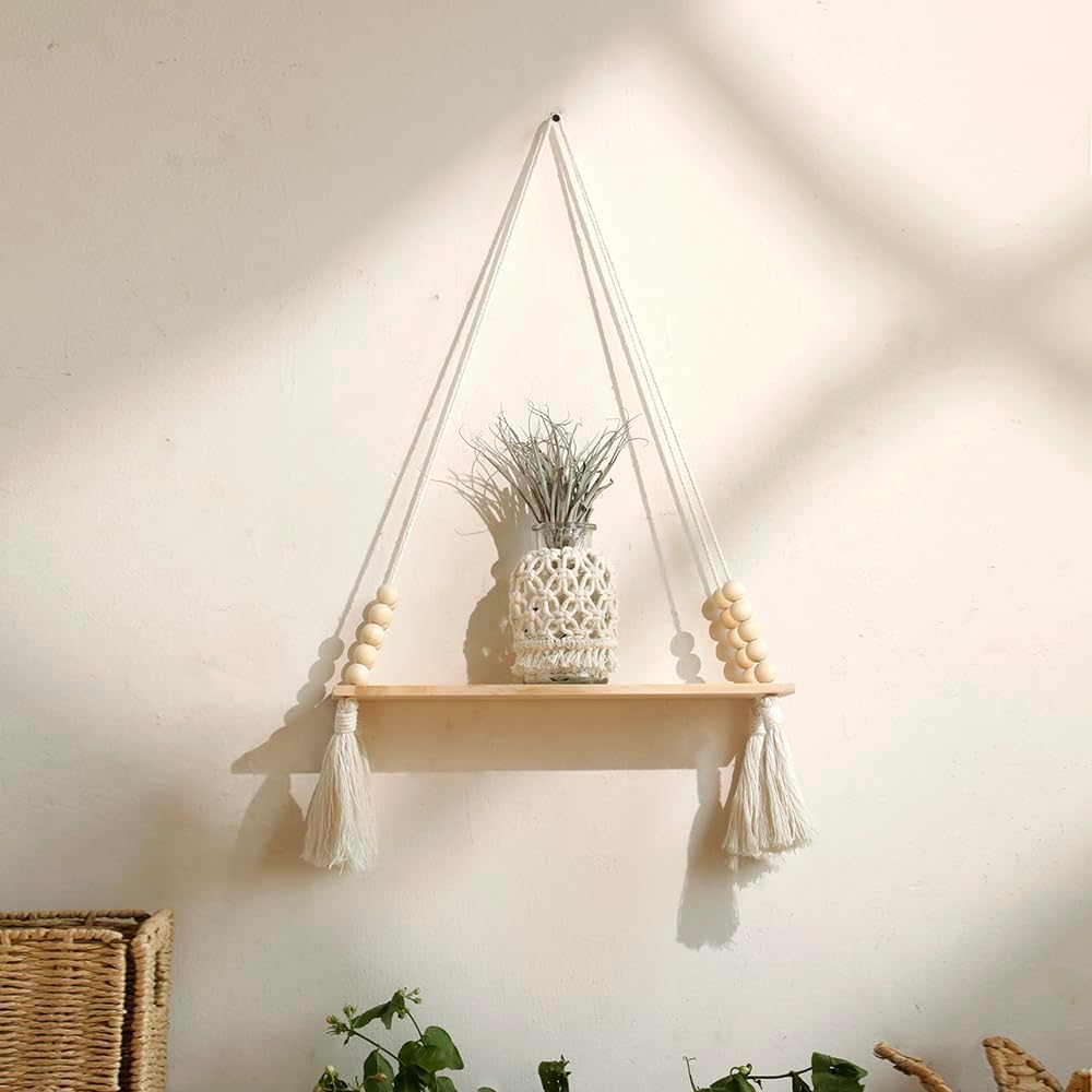 Artilady 2 Pack Wooden Wall Hanging Shelves - Macrame Hanging Plant Shelf with Tassel,Boho Storage Floating Shelves Handmade Rustic Hanger Planter Rack Pot Stand Holder