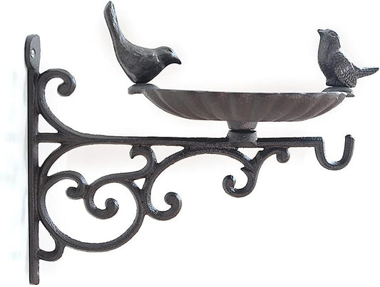 Bird Bath Cast Iron Bird Feeder with 2 Birds Decoration Frost Proof Wild Birds Water Bowl Wall Mount with Hook