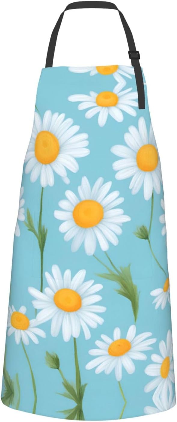 White Daisy in Light Blue Background print Waterproof chef's apron wit
