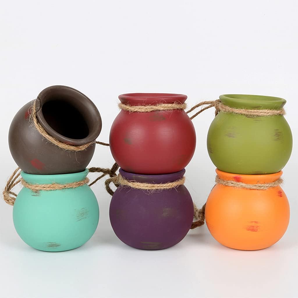 Dangling Southwest Desert Colors Ceramic 6 Pots Set Wall or Ceiling Mount Hanging Flower Home Decoration