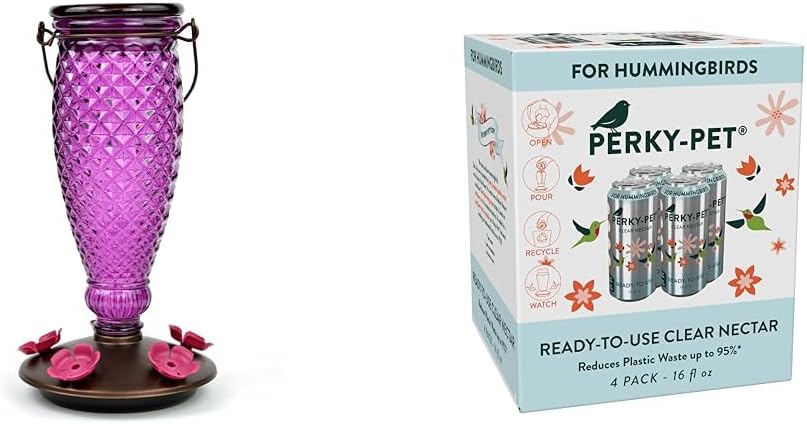 Perky-Pet 9102-1SR Purple Diamond Wine Top Fill Glass Hummingbird Feeder with Built-in Bee Guards - 24 oz+Perky-Pet 522 Ready-to-Use Clear Hummingbird Nectar in 4Cans,16oz Each Recyclable Aluminum Can