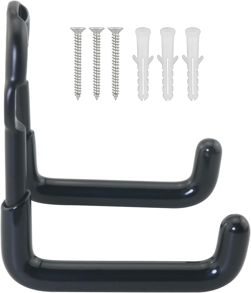 2PCS Wall Mounted Metal Double Hooks with 6 Screws Heavy Duty Storage Rack Bicycle Hook 3.3x2.9x2.2x2.1 inches for Organizing Ropes Chairs Hoses Axes Baseball Bats Garden Tools Shovels