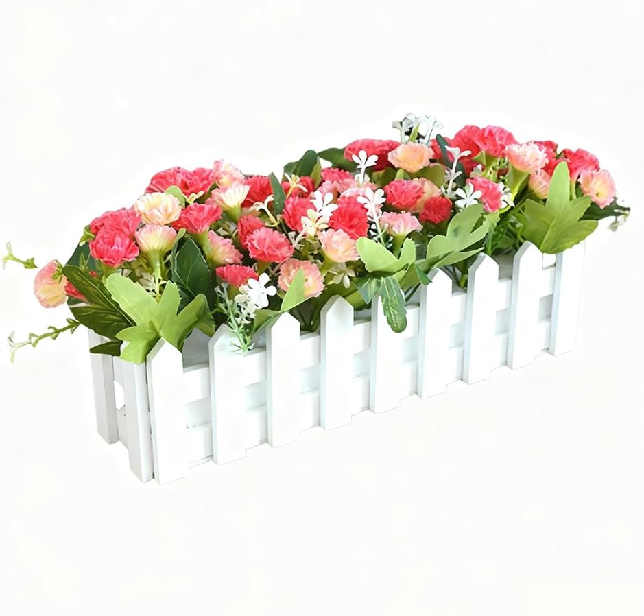 Artificial Carnations Flowers in White Wooden Picket Fence, Faux Silk Flowers with Leaves Fence Pot for Outside Home Planter Porch Patio Yard Office Desk Decor, Rose Red