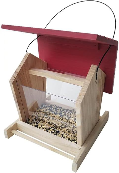 Wooden Bird Feeder House, Hanging Outdoor Rainproof Bird Feeder for Courtyard Garden Balcony with Easy-Fill Design, Wood Feeder para Aves (Red)