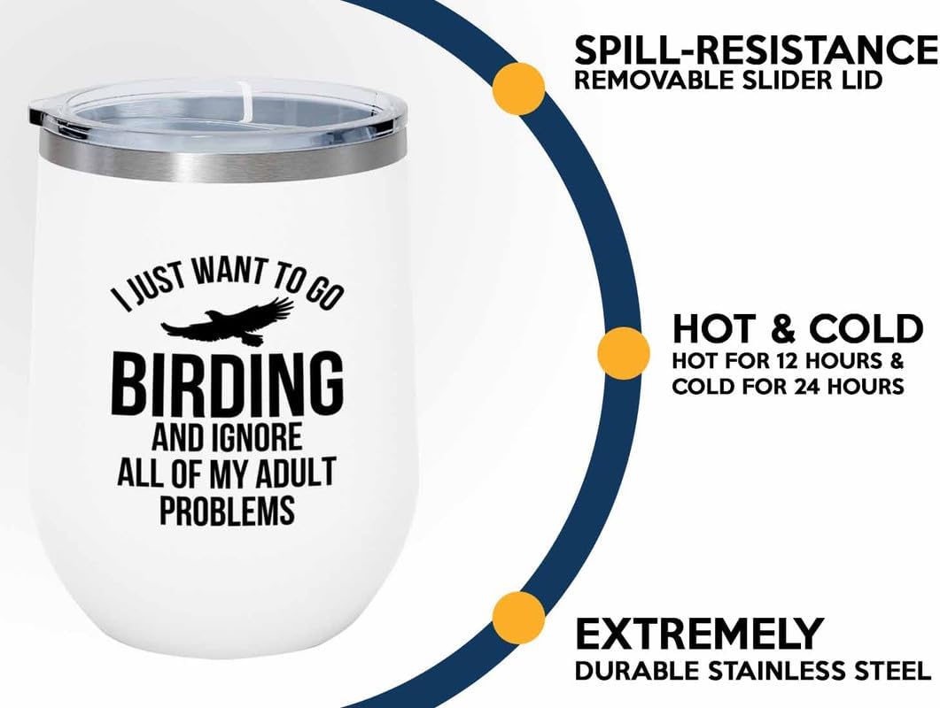 Birding White Edition Wine Tumbler 12oz - Go birding - Bird Feeder Bac