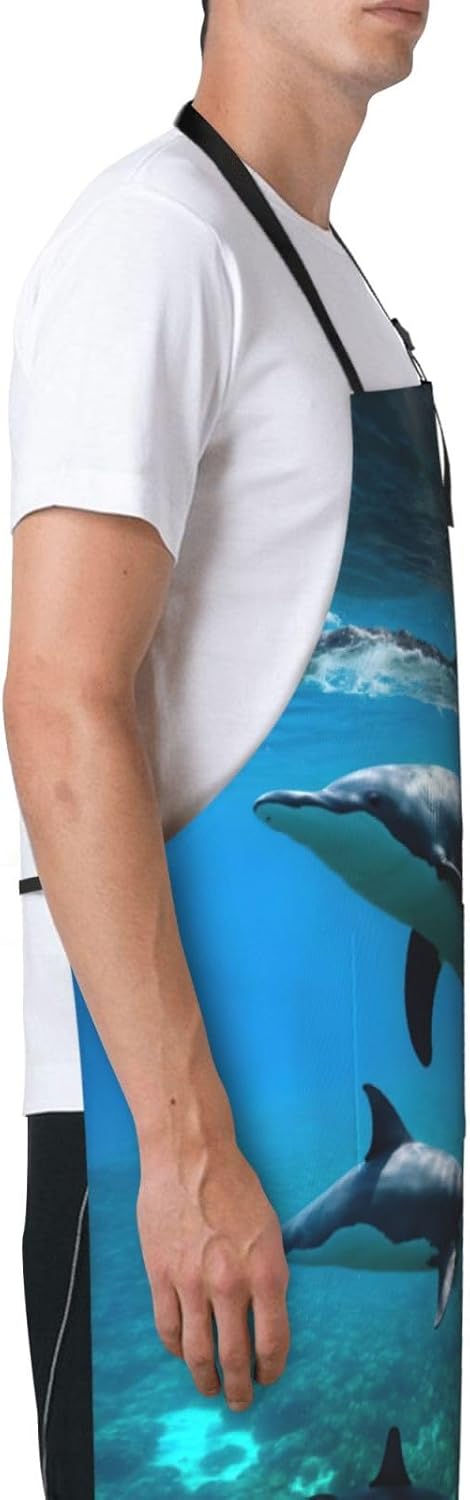 Funny Animal Dolphin Print Laundry apron 28x33 In Waterproof Kitchen Apron with Pockets for Cooking Baking