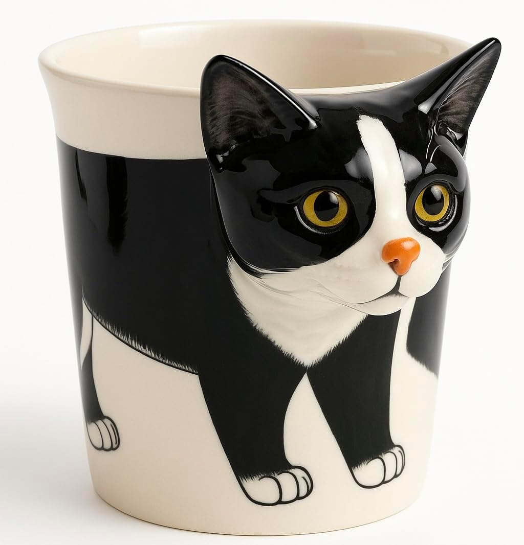 Black Tuxedo Cat Coffee Mug & Mini Planter Pot – Ceramic Coffee Cup with 3D Cat Head Handle, Multi-Use Cute Novelty Tea Mug, Pencil Holder – Gift for Cats Lovers & Office Decor by SassyXpressions