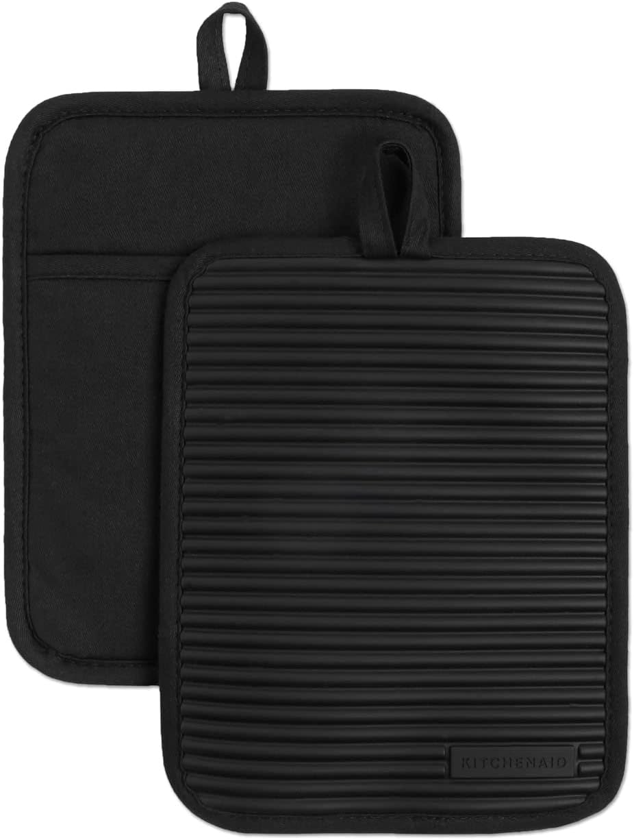 KITCHENAID Ribbed Soft Silicone Pot Holder 2-Pack Set, Matte Black, 7"