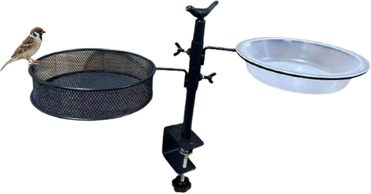 Balcony Bird Feeder, Adjustable Deck Mounted BirdsWater Bowl, 360-Degree Rotatable Feeding Station, Flower Pot Stand for Balcony Bird Bath Outdoor